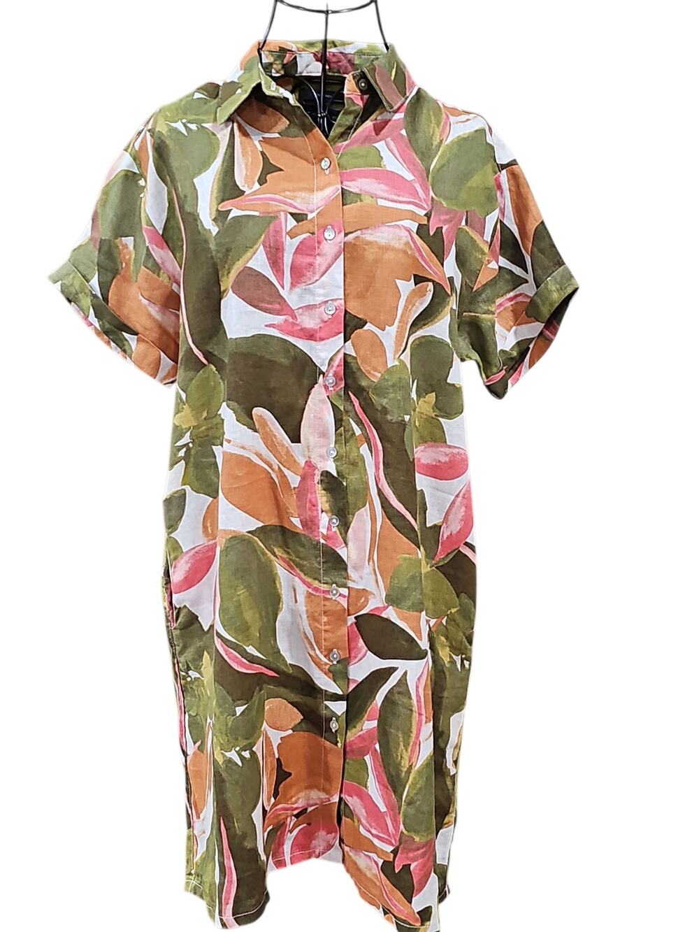 Tahari Linen Dress Womens Small Floral Button Up Short Sleeve Green Orange